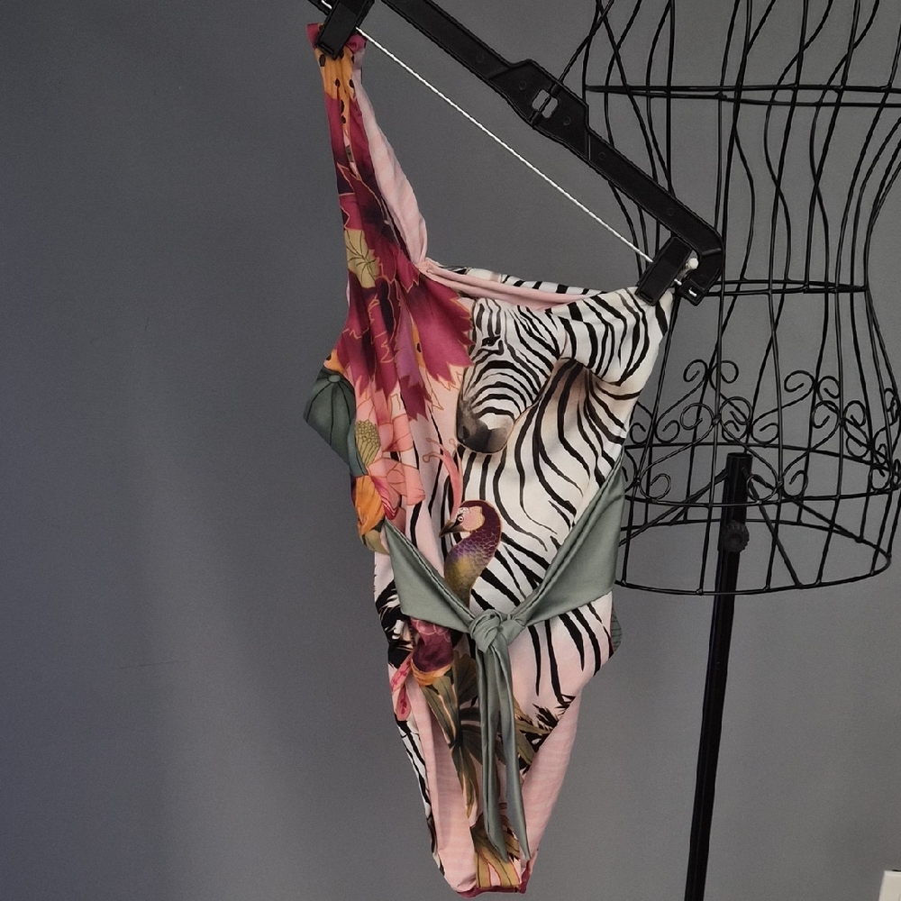 Zebra, Parrot & Tropical Print One-Shoulder Swimsuit